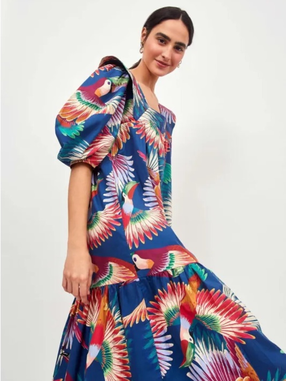 Farm Rio NAVY COLORFUL TOUCANS MIDI DRESS